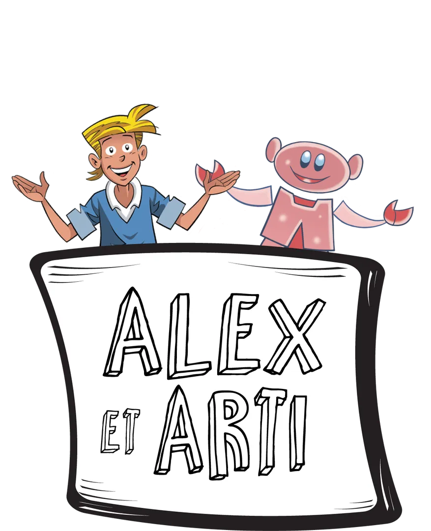 Illustration sur laquelle apparaissent deux personnages: Alex, un jeune homme et Arti, un robot.