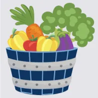 Illustration d’un panier de légumes contenant des poivrons, une carotte, un brocoli, une aubergine et une tomate.