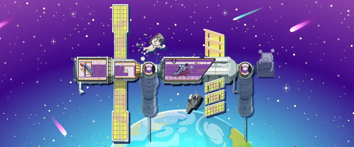 Illustration de la Station spatiale internationale. Deux astronautes, en combinaison avec des bombonnes d’air, y sont attachés, mais flottent en apesanteur à l’extérieur de celle-ci, tout comme deux autres personnages sans combinaison spatiale.