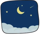 Illustration d’un ciel dans lequel on voit la lune et quelques étoiles au-dessus des nuages.