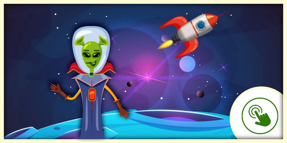 Illustration d'un extraterrestre et d'une fusée.