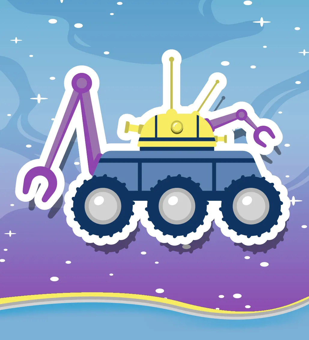 Illustration d’une astromobile, véhicule à six roues ressemblant à un char d’assaut militaire et muni de deux bras articulés avec pince.