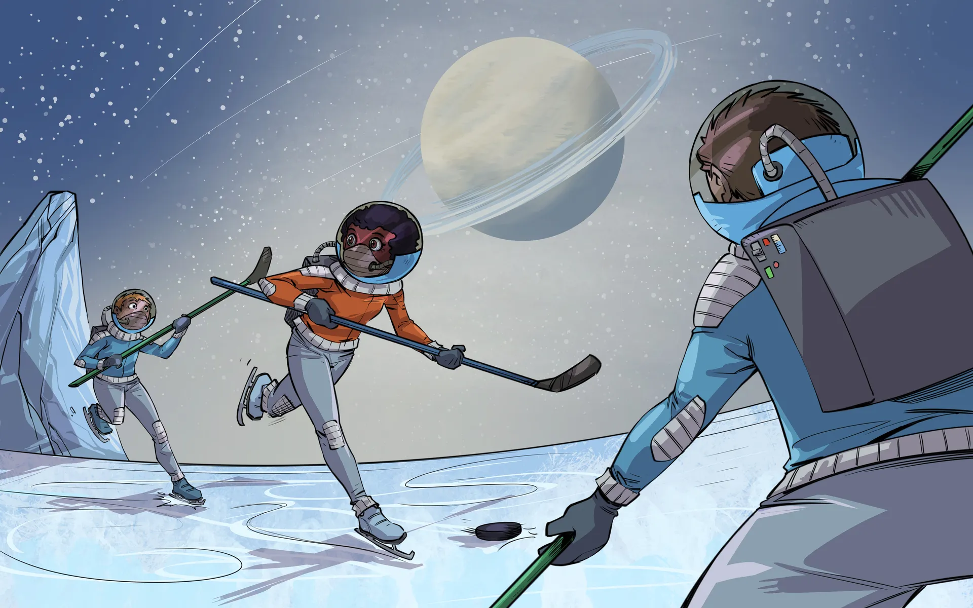 Soraya joue au hockey sur le sol glacé de Titan, avec Suhaïl et une autre personne.