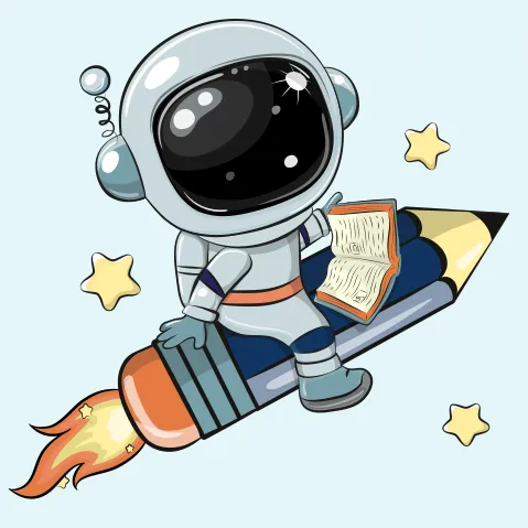 Illustration d’un astronaute, en combinaison spatiale, assis sur un crayon plomb qui lui sert de fusée. Il tient un livre ouvert dans sa main.