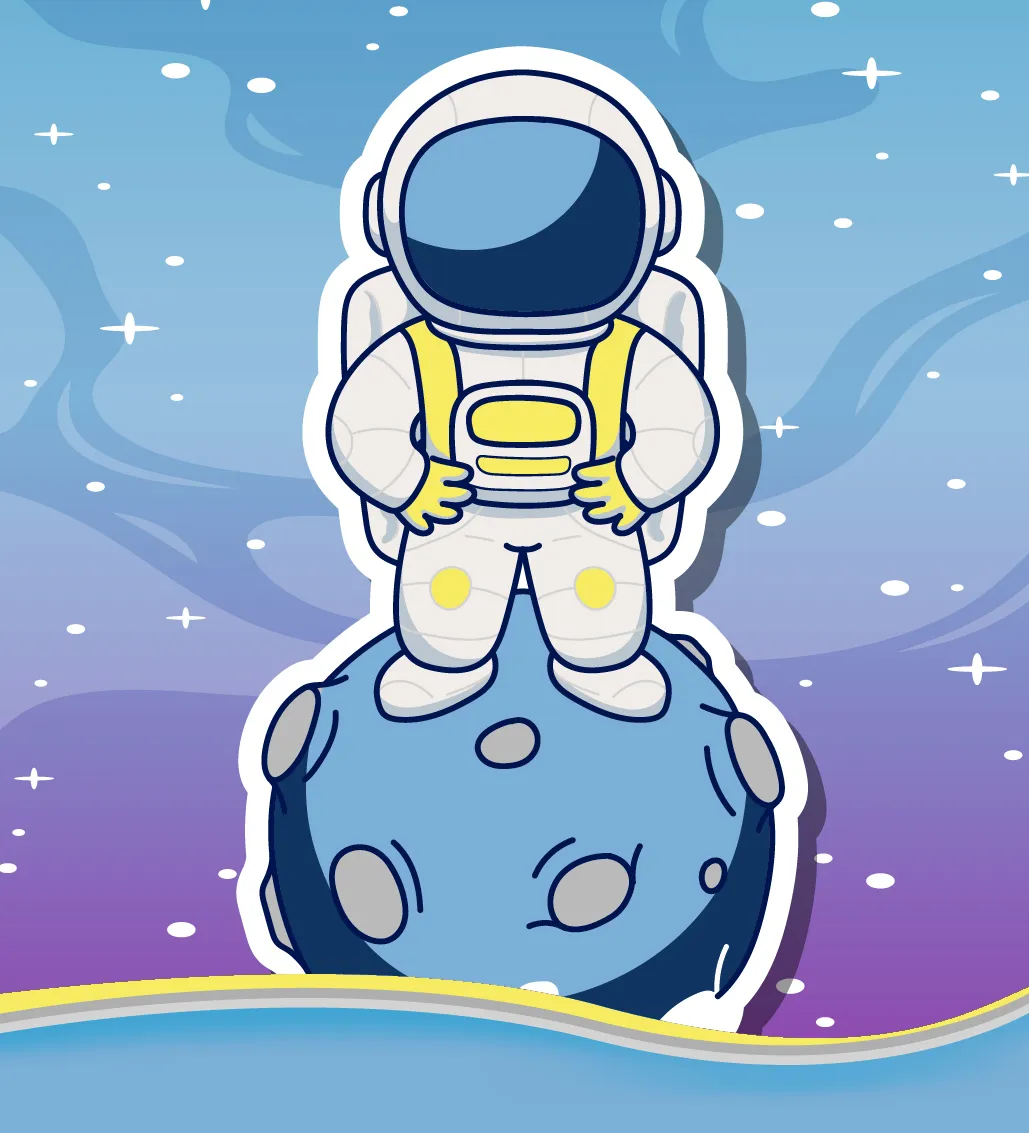 Illustration d’un astronaute en combinaison debout sur une toute petite planète à cratères.