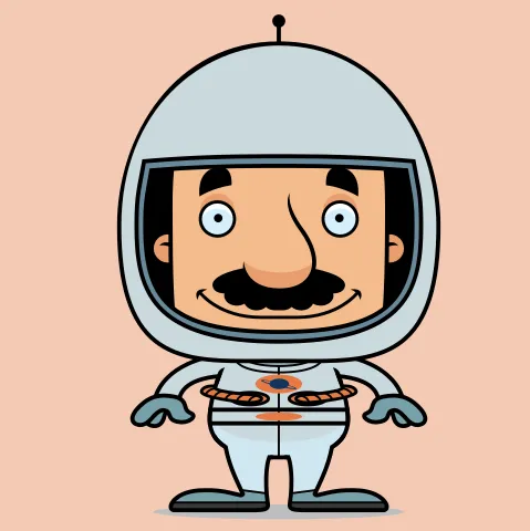 Illustration d’un astronaute dont on voit le visage au travers son casque et, par le fait même, de gros sourcils et une large moustache.