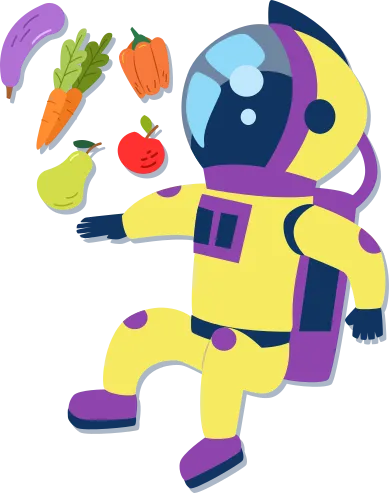 Illustration d’un astronaute en combinaison. Une aubergine, deux carottes, une poire, un poivron orange et une pomme flotte devant son visage protégé par un casque vitré.