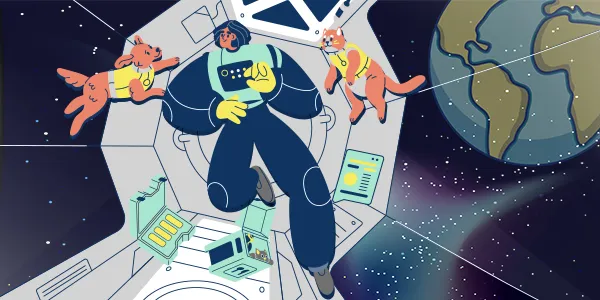 Illustration d’un astronaute, un chien et un chat flottant en apesanteur dans une navette spatiale.