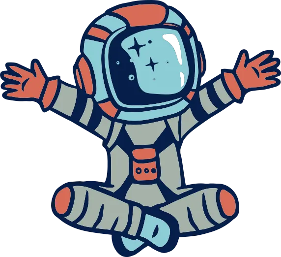 Illustration d’un astronaute assis en tailleur les mains levées de chaque côté de sa tête. Il flotte dans l’espace et s’adresse à l’élève au moyen d’un phylactère.