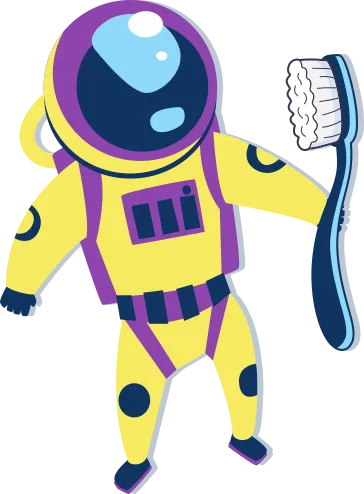 Illustration d’un astronaute en combinaison, incluant son casque, qui tient une énorme brosse à dents.