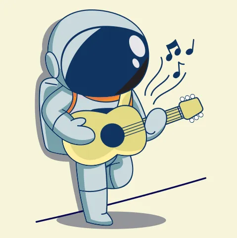Illustration d’un astronaute en combinaison spatiale avec casque. L’astronaute joue de la guitare, adossé à un mur.