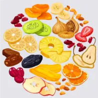 Variété de fruits séchés : canneberges, raisins secs, dattes, pruneaux, abricots, fruits de la passion, tranches de fraises, de bananes, de mangues, de poires, d’ananas, de citrons, de pommes et de kiwi.