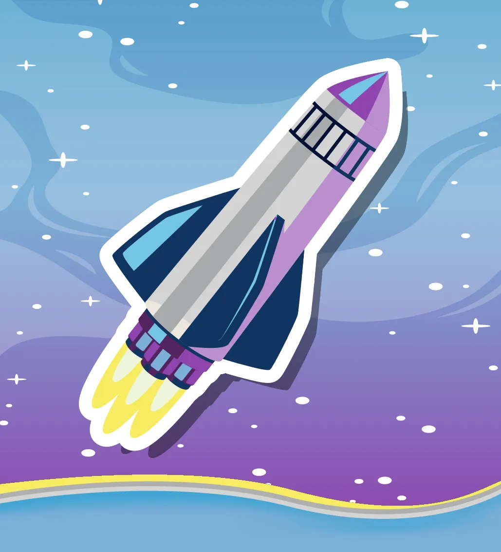 Illustration d’une fusée qui décolle et vole dans l’espace.