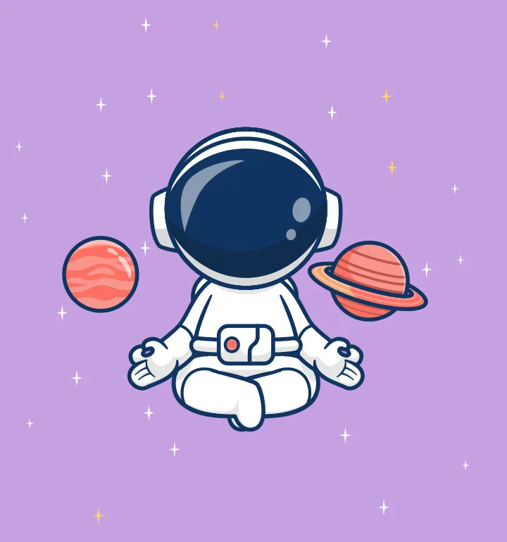 Illustration d’un astronaute flottant dans l’espace, assis en tailleur, les paumes vers le haut.