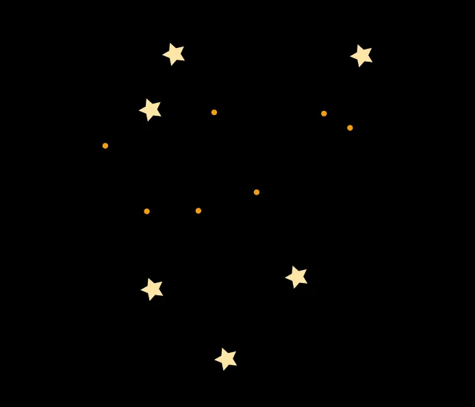 Exemple d’illustration regroupant des points et des étoiles sur fond noir.