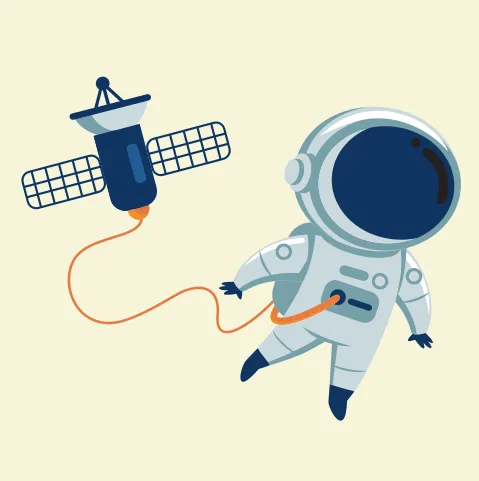 Illustration d’un astronaute en combinaison spatiale, avec casque, qui flotte dans l’espace. L’astronaute est attaché par un câble à une navette spatiale.