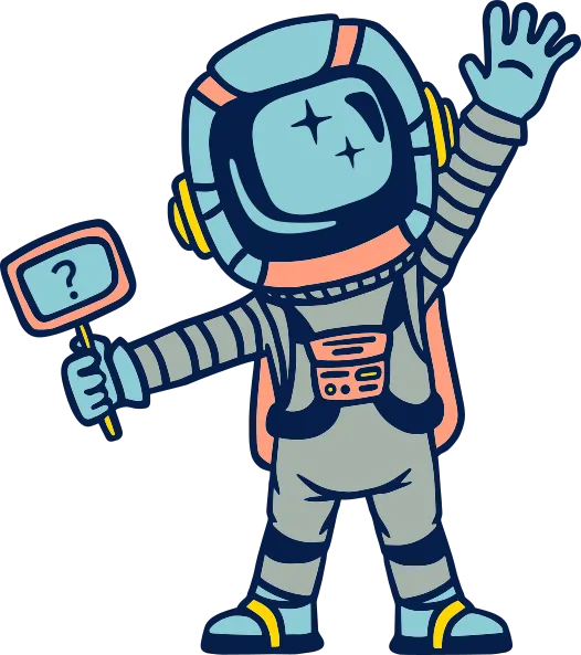 Illustration d’un astronaute en combinaison spatiale complète debout sur le sol. Il lève la main gauche vers le ciel et tient une affiche avec un point d’interrogation de la main droite.