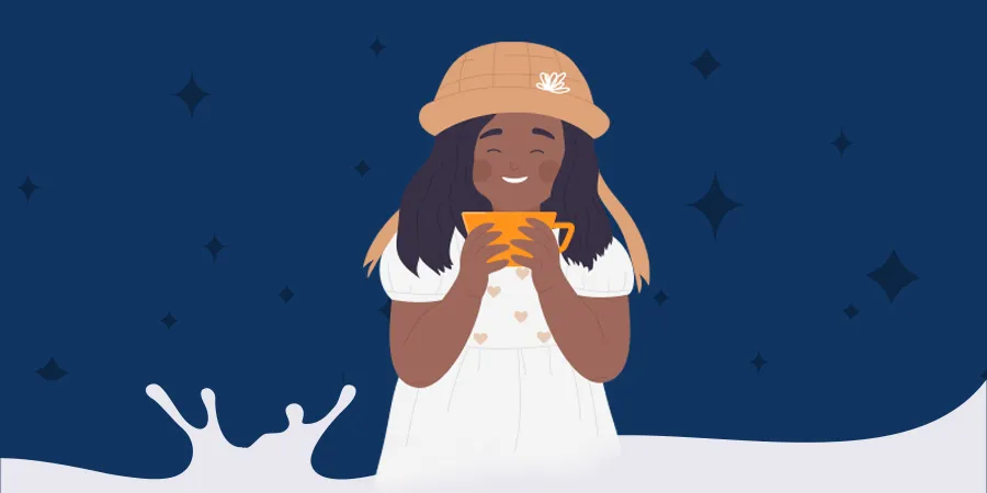 Illustration d'une jeune fille souriante, tenant une tasse dans ses mains. Un fond bleu nuit décoré d'étoiles stylisées accompagne la scène, avec une éclaboussure de liquide blanc au bas de l'image, évoquant du lait.
