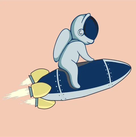 Illustration d’un astronaute chevauchant une fusée en plein vol. Il porte une combinaison spatiale complète.
