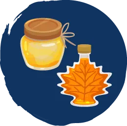 Illustration représentant un pot de miel et une bouteille de sirop d’érable.