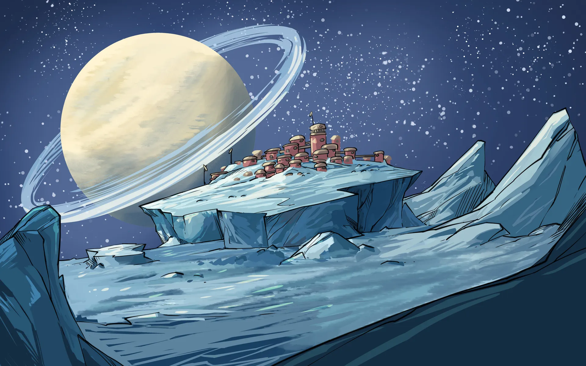 Paysage de la planète Titan dont on voit au loin un quartier de maisons et d’immeubles munis de toits en dôme. Le décor est surplombé de la planète Saturne.