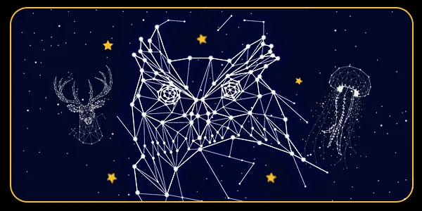 Illustration de trois constellations fictives en forme de cerf, de hibou et de méduse.