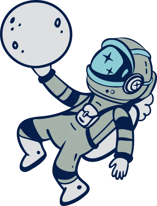 Illustration d’un astronaute qui flotte dans l’espace tenant la lune dans sa main droite. Il s’adresse à l’élève au moyen d’un phylactère.