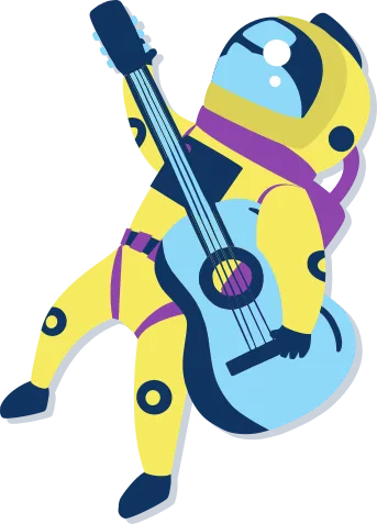 Illustration d’un astronaute en combinaison, incluant son casque, qui joue de la guitare.