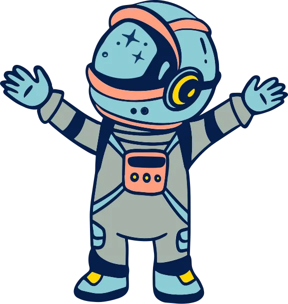 Illustration d’un astronaute en combinaison spatiale complète qui lève les deux bras vers le ciel.