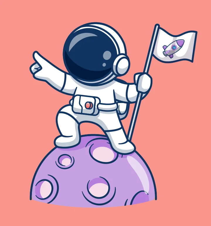 Illustration d’un astronaute debout sur une petite planète. Il tient un drapeau dans une main et pointe l’espace de l’autre main.