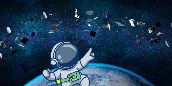 Illustration d’un personnage d’astronaute flottant devant d’une partie de la Terre autour de laquelle gravitent divers débris en orbite.