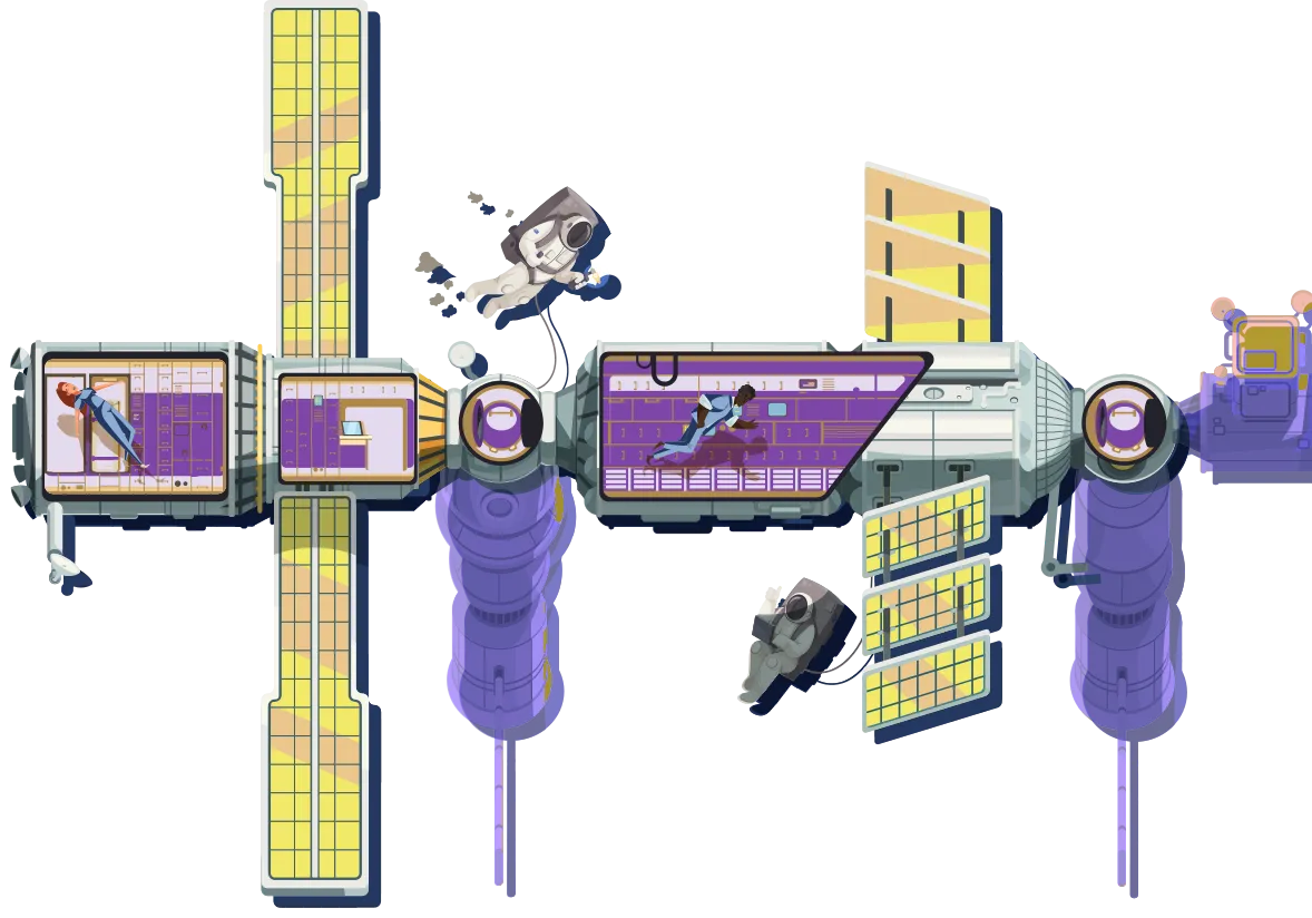 Illustration de la Station spatiale internationale. Deux astronautes, en combinaison avec des bombonnes d’air, y sont attachés, mais flottent en apesanteur à l’extérieur de celle-ci, tout comme deux autres personnages sans combinaison spatiale.