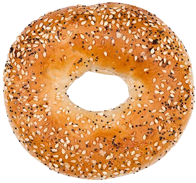 Photographie d’un bagel sésame et pavot posé à côté de la photo d’une balle de baseball. Les deux formes rondes sont de taille comparable.