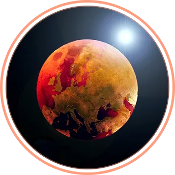 Photo de la Planète Mars qui de loin affiche une surface beige marbrée de rouge.