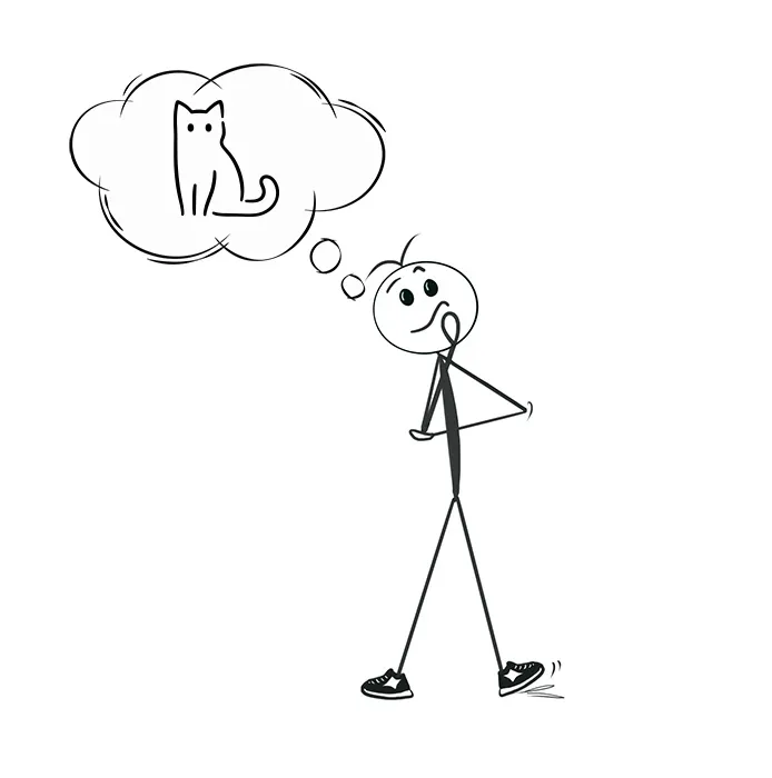 Dessin d’un personnage de type bonhomme qui pense à un chat.
