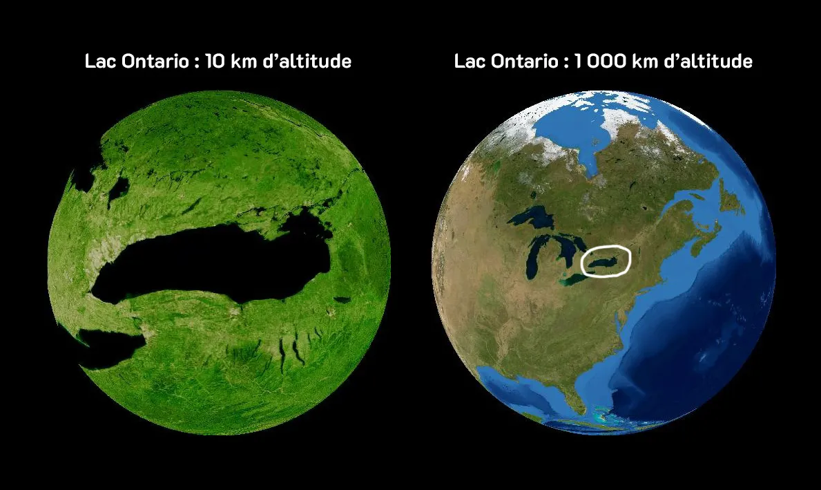 Illustration comparant deux vues du lac Ontario. À 10 km d'altitude, il apparaît grand et entouré de vert avec deux autres lacs. À 1000 km, il semble minuscule, encerclé, entouré du continent et des autres Grands Lacs.