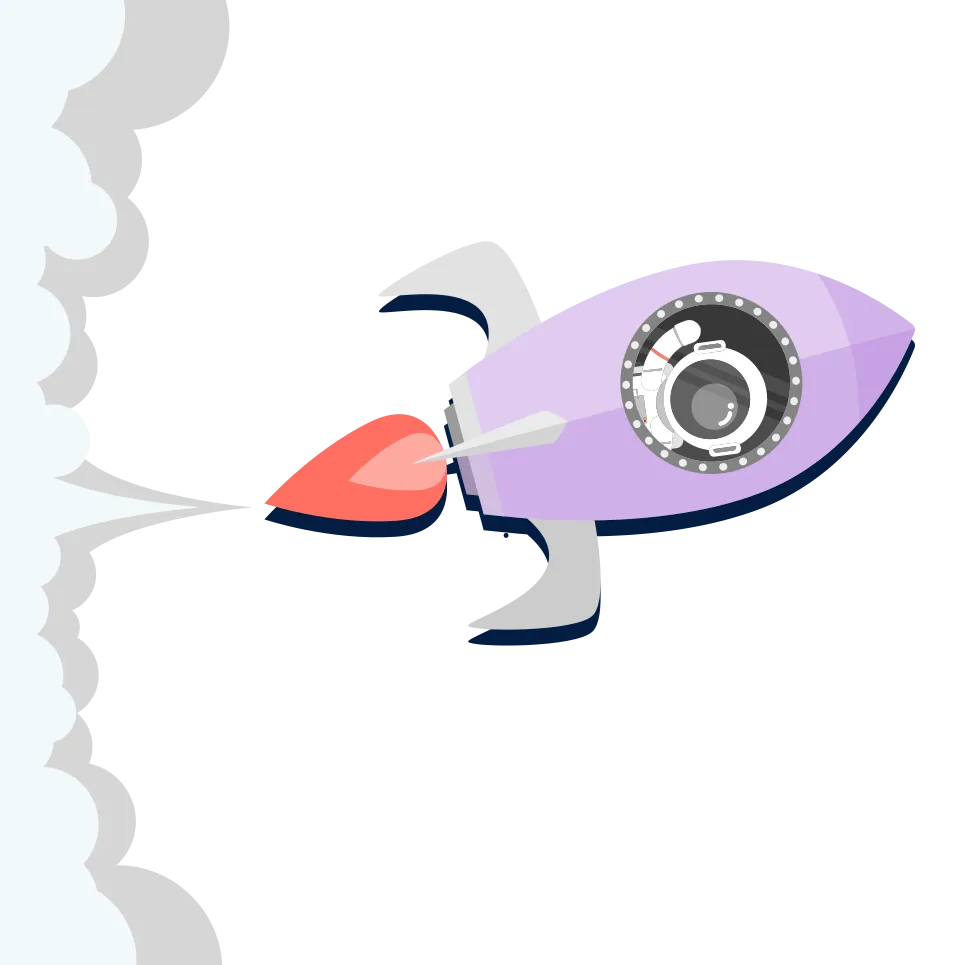 Illustration décorative d’une fusée volant dans l’espace avec la Terre en arrière-plan.