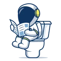 Illustration d’un astronaute en combinaison, incluant son casque, lisant son journal assis sur une toilette.