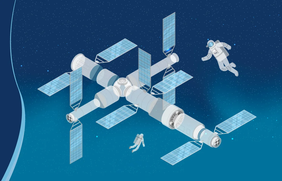 Illustration de la Station spatiale internationale avec tous ces modules et ses panneaux solaires. Deux astronautes en combinaison flottent autour d’elle.