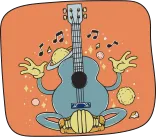 Illustration d’une guitare avec des bras et des jambes. Cette guitare ainsi affublée ressemble à une grenouille ou à un extraterrestre.