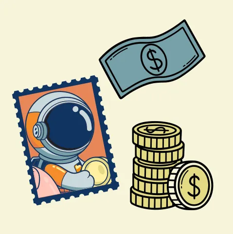 Illustration regroupant un billet de banque, de la monnaie et un timbre postal à l’effigie d’un astronaute.