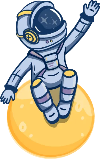 Illustration d’un personnage d’astronaute assis sur un astre rond, une main levée vers l’espace au-dessus de lui.