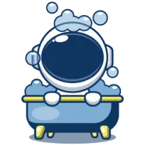Illustration d’un astronaute en combinaison, incluant son casque. L’astronaute est immergé dans un bain plein de bulles de savon. Ses pieds ne touchent pas le sol.