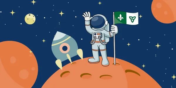 Illustration montrant un astronaute en combinaison spatiale, incluant le casque qui se tient debout sur une planète à cratères, le drapeau franco-ontarien à la main. Derrière lui : une fusée au sol, la galaxie avec ses étoiles et planètes.