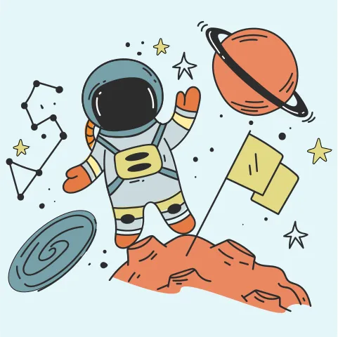 Illustration d’un astronaute en combinaison spatiale dans un environnement spatial incluant : une planète avec un anneau, des étoiles, une constellation, un trou noir, une planète à cratère sur laquelle est planté un drapeau.