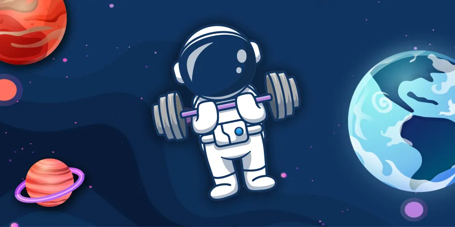 Illustration d’un astronaute soulevant un haltère et flottant dans l'espace.