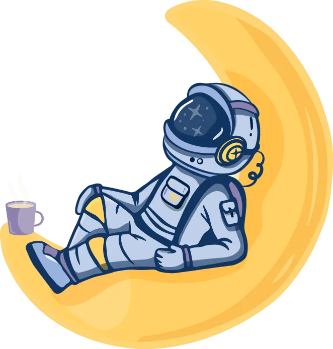 Illustration d’un personnage d’astronaute allonger sur un croissant de lune, une tasse remplie d’un breuvage fumant posé à ses pieds.