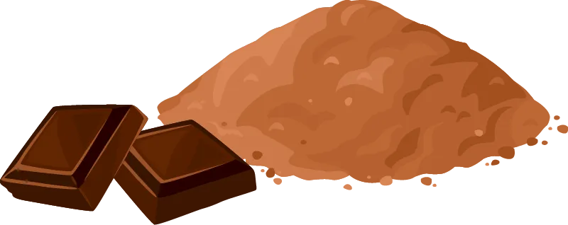 Illustration représentant deux morceaux de chocolat, accompagnée d’un petit tas de poudre de cacao.