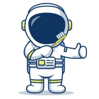 Illustration d’un astronaute en combinaison, incluant son casque, qui tient une brosse à dent à la hauteur de sa bouche devant son casque.